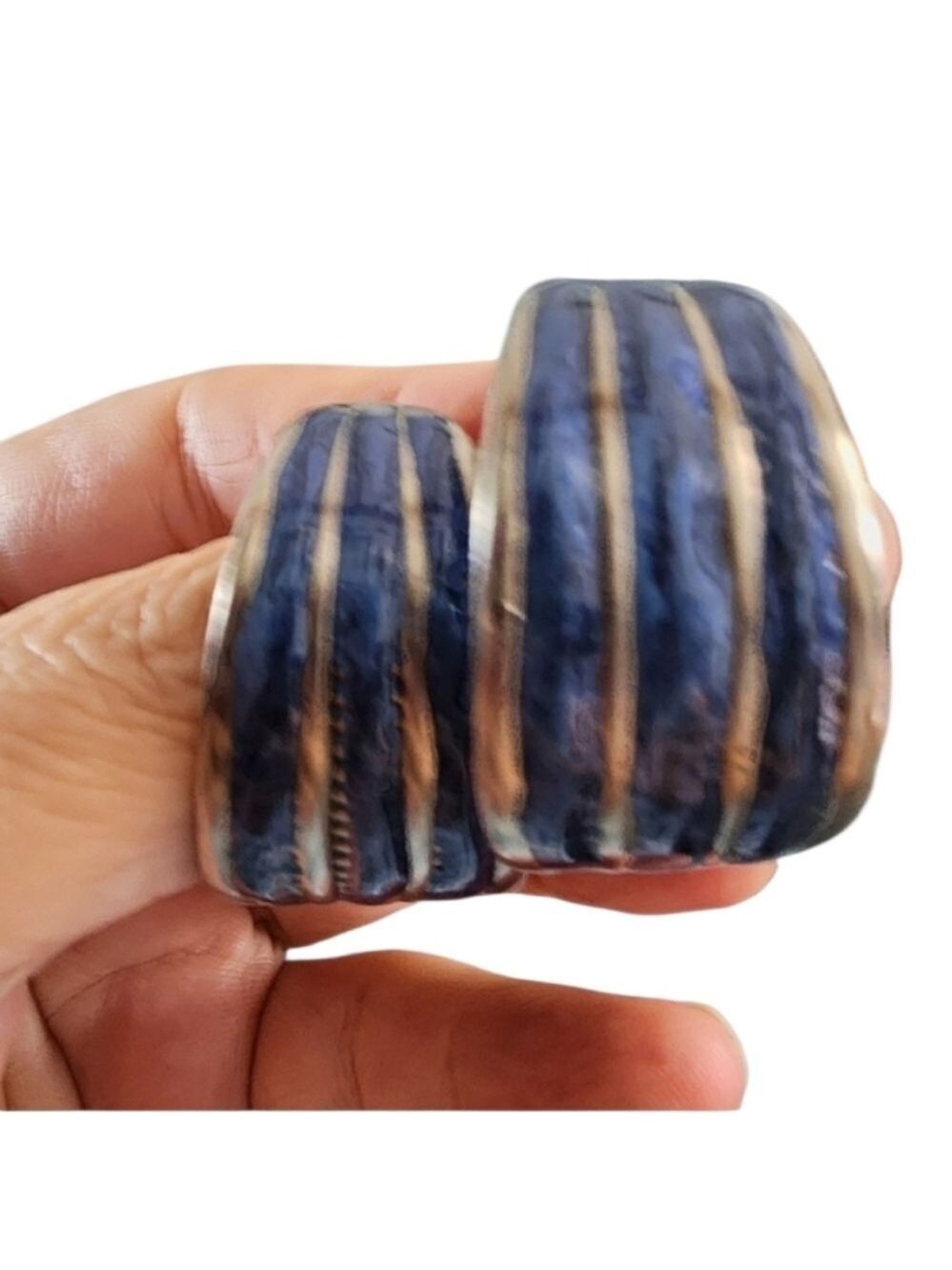 Elegant Blue Enamel and Silvertone Striped Earrings